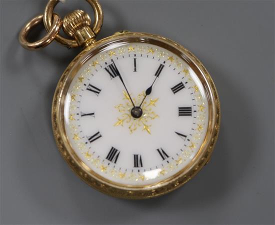 A Swiss 14k gold fob watch, with Roman dial.